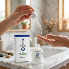 Person applying Acnedomics AFS 7 Acne Face Serum to their hand in a bathroom setting.