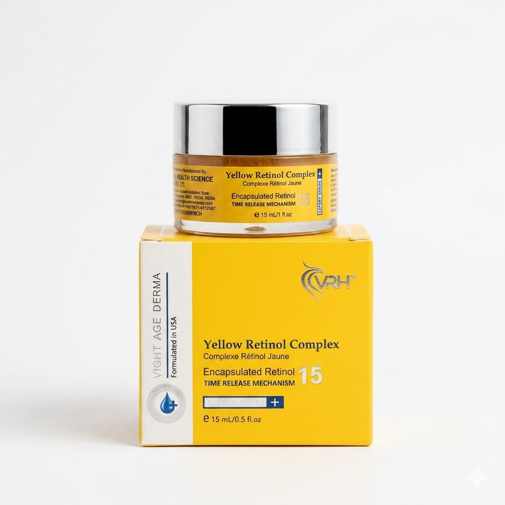 Yellow Retinol Complex jar and box on a white background