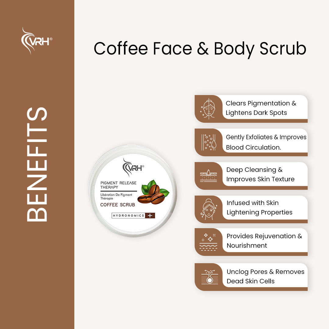 VRH Coffee Face & Body Scrub | With 70% Organic Arabica Coffee Extracts & Brown Rice Extracts | Deep Cleansing, Powerful De Tan & Intense Exfoliation | Clears Pigmentation & Remove Dead Skin Cells For Complete Rejuvenation & Nourishment (200gm) | VRH