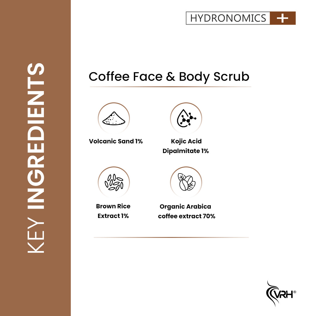 VRH Coffee Face & Body Scrub | With 70% Organic Arabica Coffee Extracts & Brown Rice Extracts | Deep Cleansing, Powerful De Tan & Intense Exfoliation | Clears Pigmentation & Remove Dead Skin Cells For Complete Rejuvenation & Nourishment (200gm) | VRH