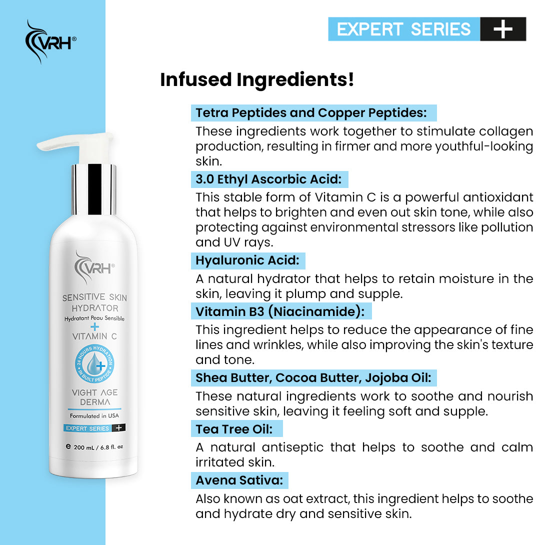 VRH Sensitive Skin Hydrator 200ml | With Tetra Peptides, Shea Butter, Jojoba Oil, Tea Tree Oil & Vitamin B3 (Niacinamide) | Soothes, Hydrates & Protects | Lightweight Moisturizer for Sensitive Skin