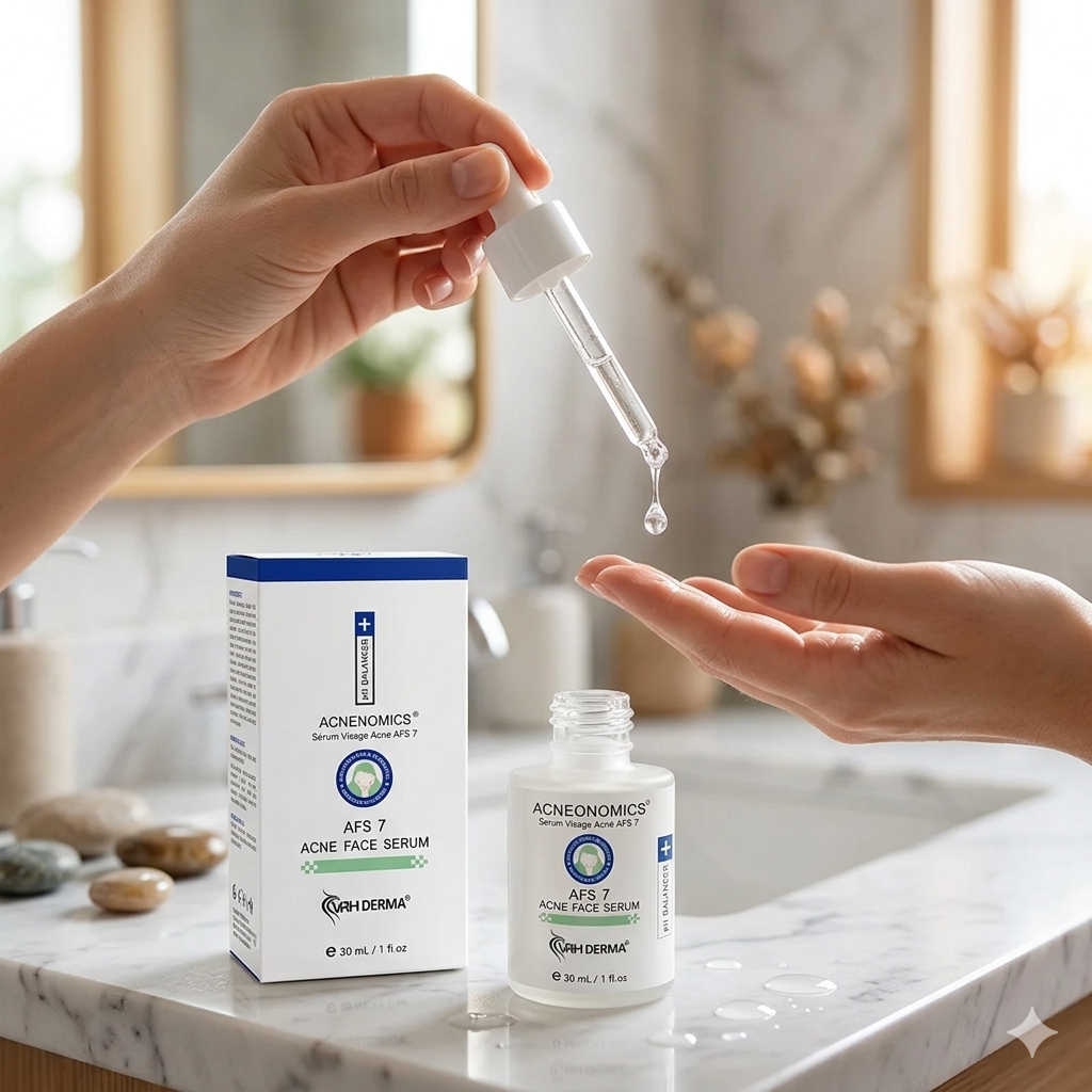 Person applying Acnedomics AFS 7 Acne Face Serum to their hand in a bathroom setting.