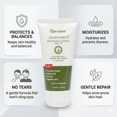 Ceramidin Acnemonics Moisturizing Cleanser tube with benefits listed on a light gray background