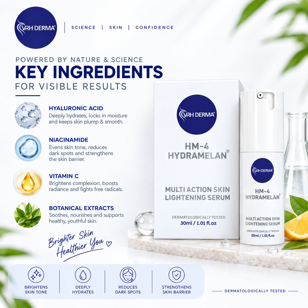 A promotional product graphic for the Rh Dermata HM-4 Hydramelan Multi Action Skin Lightening Serum. The image features the white and blue product box and pump bottle, surrounded by ingredient callouts (Hyaluronic Acid, Niacinamide, Vitamin C, Botanical Extracts) and benefit icons on a clean white background with soft green leaf accents.