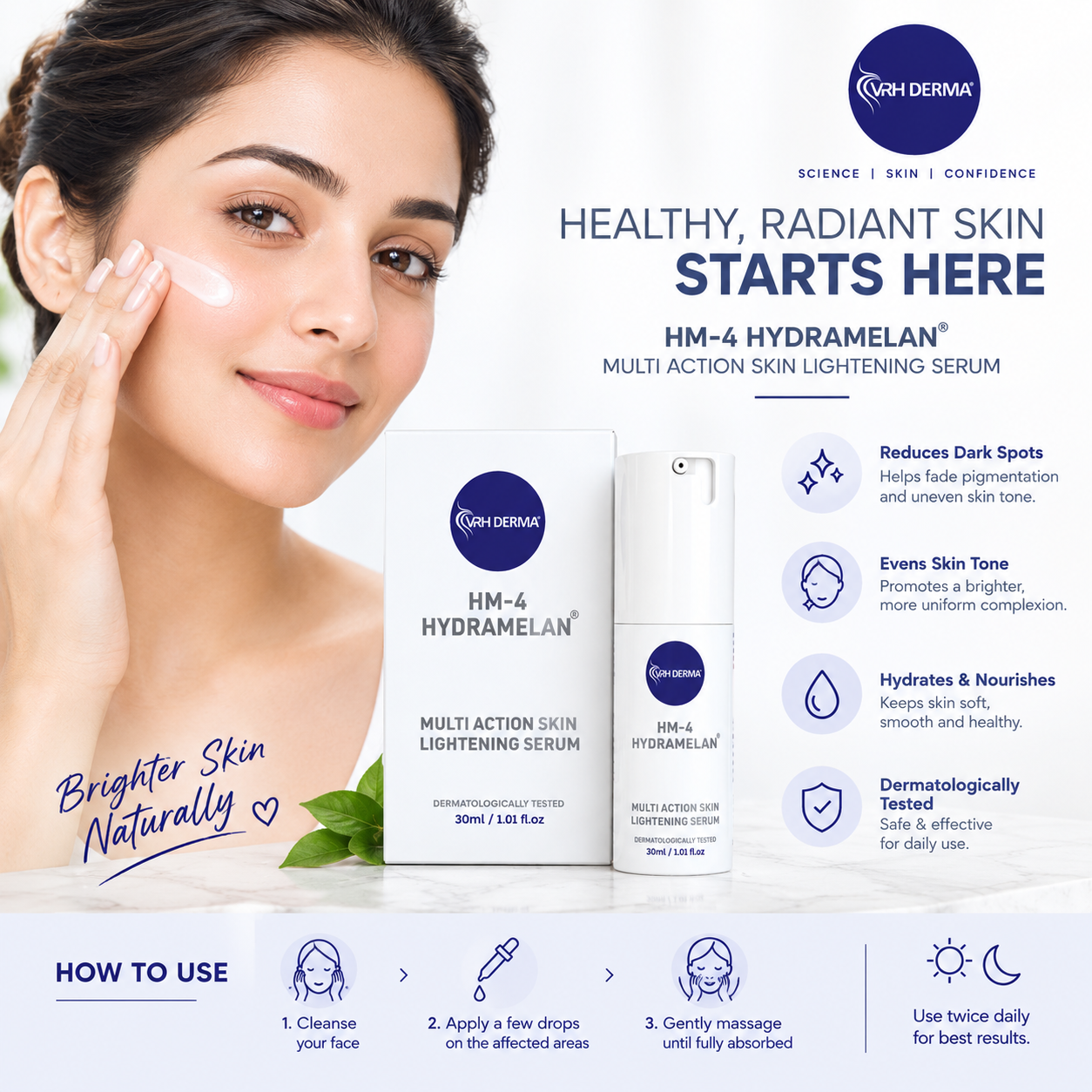 Promotional graphic for HM-4 Hydramelan Multi Action Skin Lightening Serum by Skin Confidence. The left side features a woman with a glowing complexion applying cream to her cheek, while the center-right displays the product's white and blue packaging alongside key benefits and usage instructions.