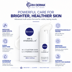 A promotional graphic for VRH DERMA HM-4 Hydramelan Multi Action Skin Lightening Serum, showing the product box and bottle centered on a white background with benefit callouts around it.