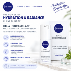 A skincare ad for HRH DERMATICA HM-4 HYDRAMELAN Multi Action Skin Lightening Serum. The image shows the white and blue serum bottle, its white box packaging, and several benefit callouts on a light marble background with water droplets.