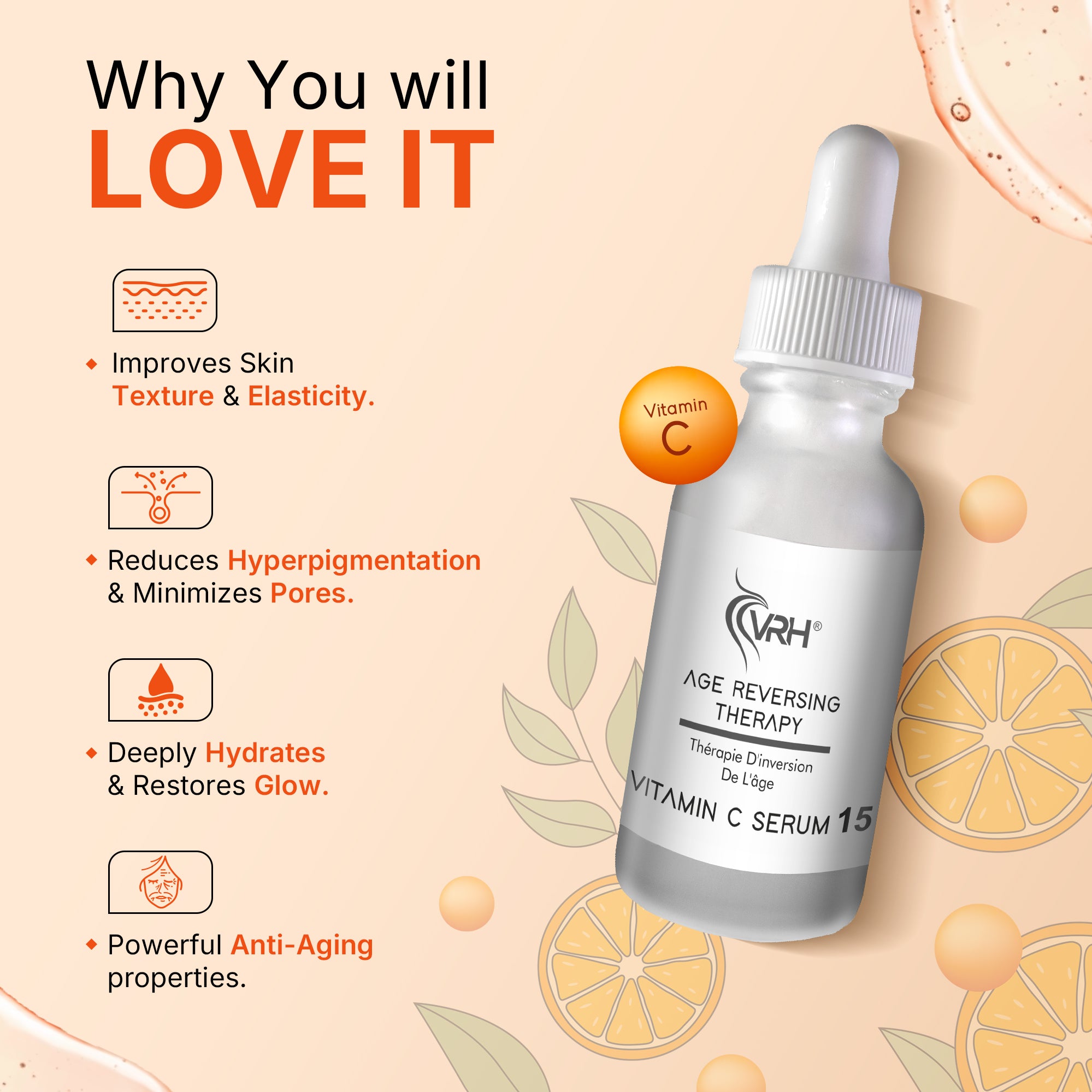 VRH Vitamin C 15% Serum | Potent Antioxidant Blend with Vitamin E & Hyaluronic Acid for Brightening, Anti-Aging & Hydration | Reduces Dark Spots & Fine Lines | 15 ml