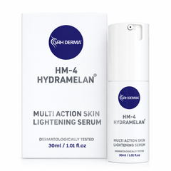Vrh Derma HM-4 Hydramelan Multi Action Skin Lightening Serum shown with its white outer box and a white pump bottle on a clean white background.